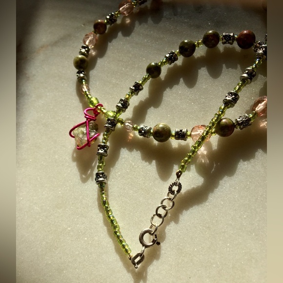 Natural Moldavite Necklace with Unakite Stones, Czech Crystals & Wire Wrapped  💖 - Picture 5 of 15